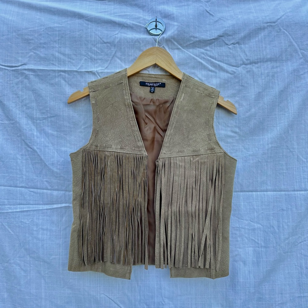 90s Vintage Tan Suede Leather Fringe Vest